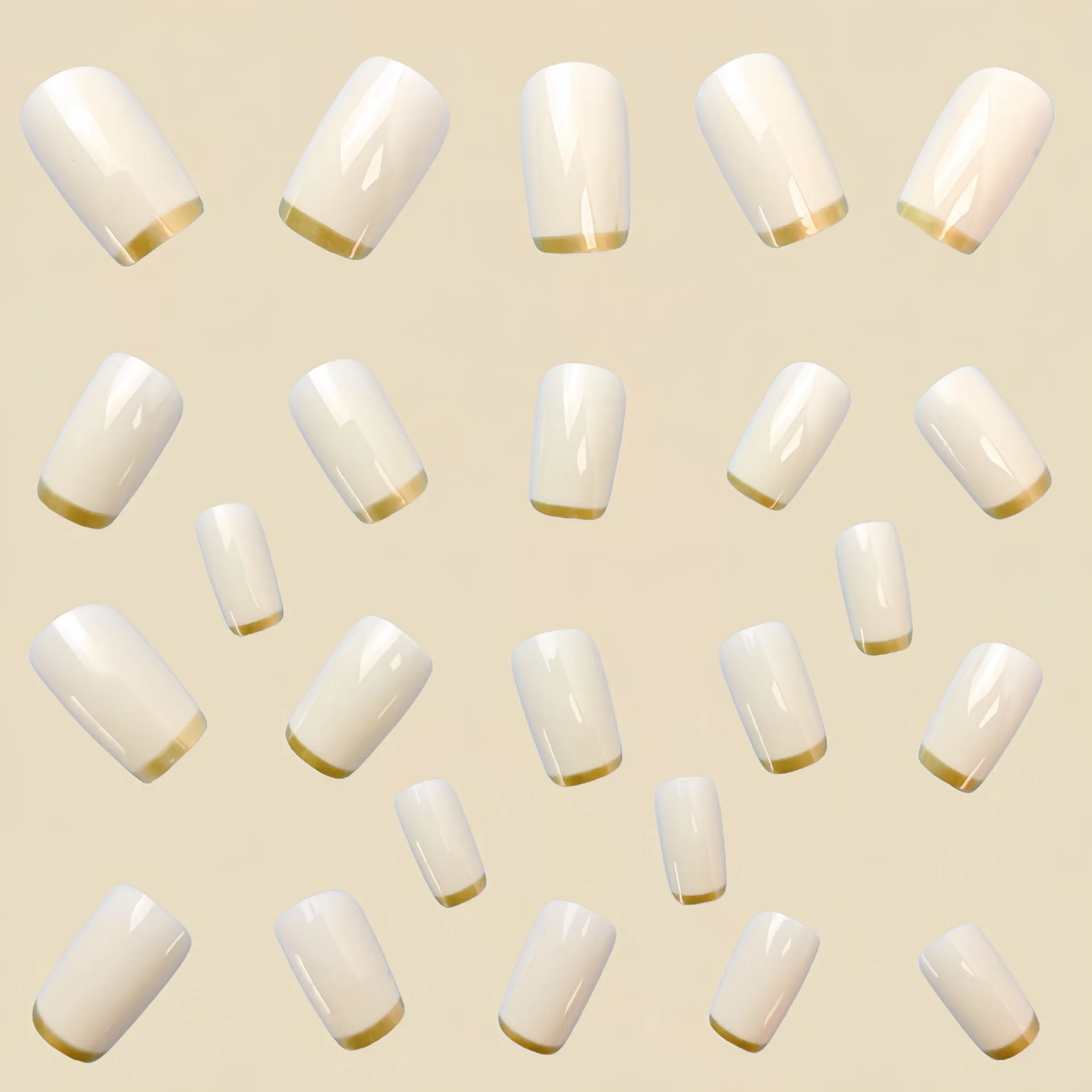 White and gold mid-length European square nail art patch set on fingers, French style manicure