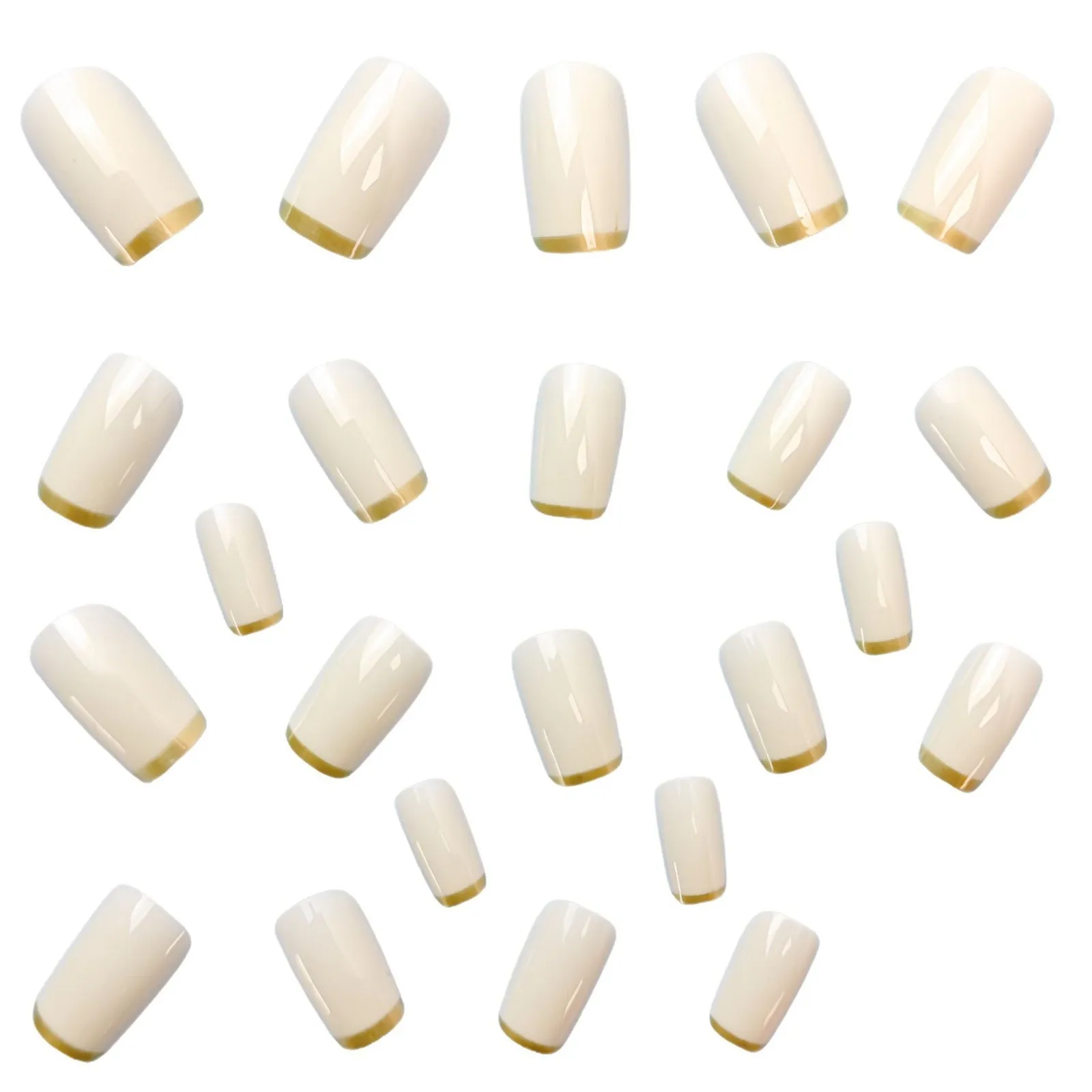 White and gold mid-length European square nail art patch set on fingers, French style manicure