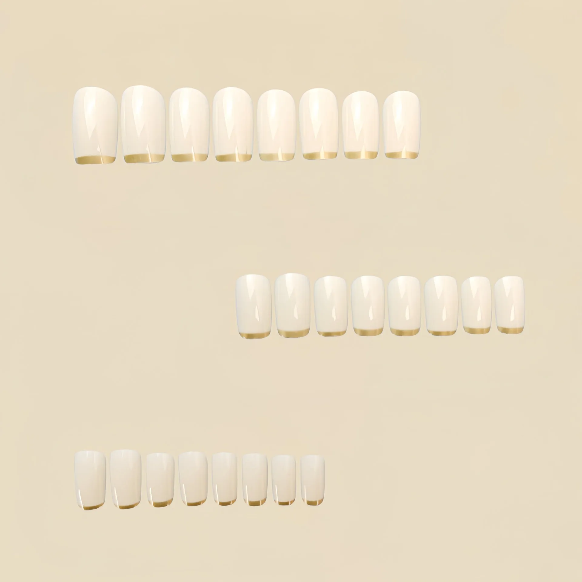 White and gold mid-length European square nail art patch set on fingers, French style manicure