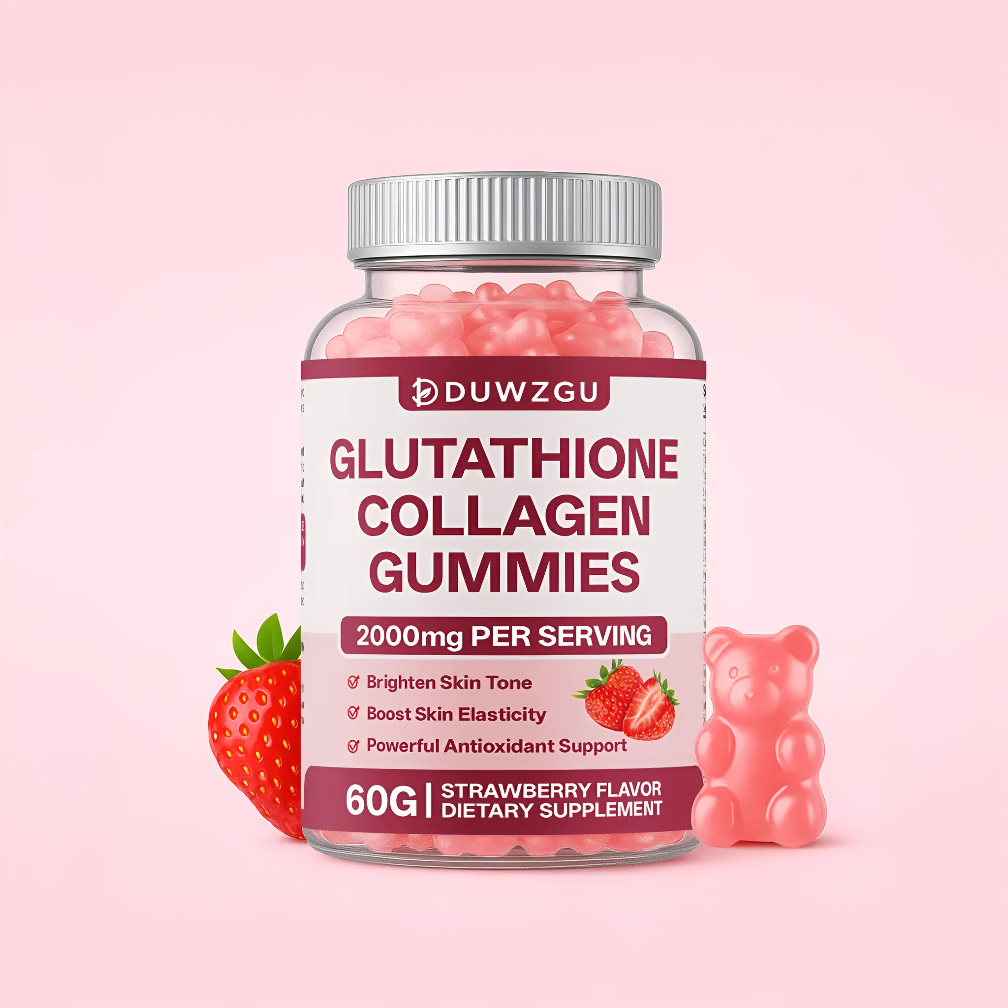 Bottle of glutathione soft candy gummies with 60 tablets for daily antioxidant support