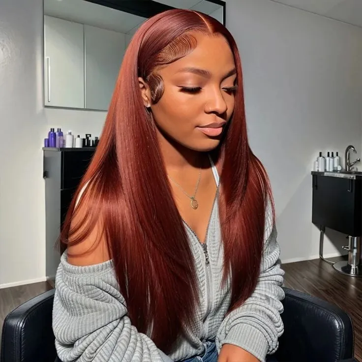 Red brown 33 colour human hair wig with transparent lace, long straight style with side bangs, 16-30 inch lengths