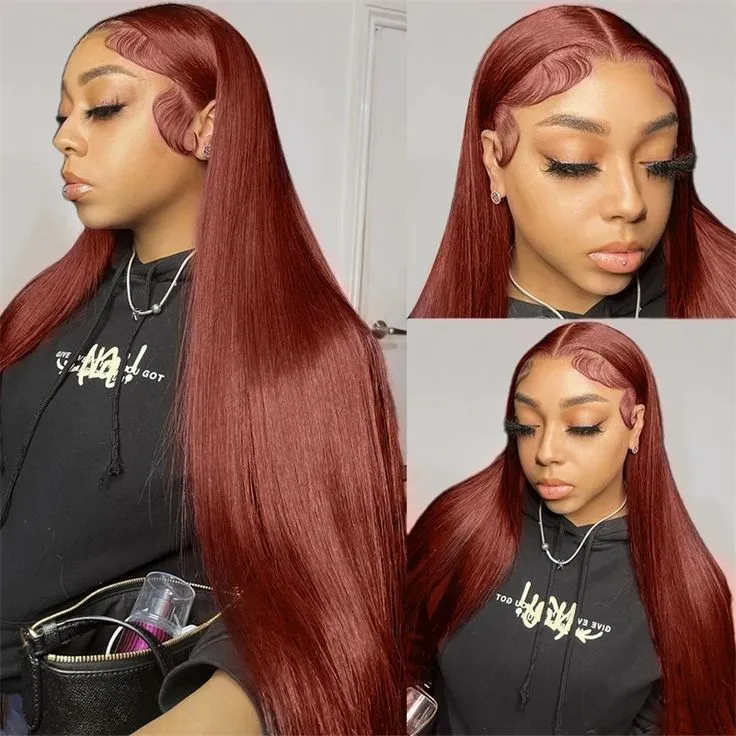 Red brown 33 colour human hair wig with transparent lace, long straight style with side bangs, 16-30 inch lengths