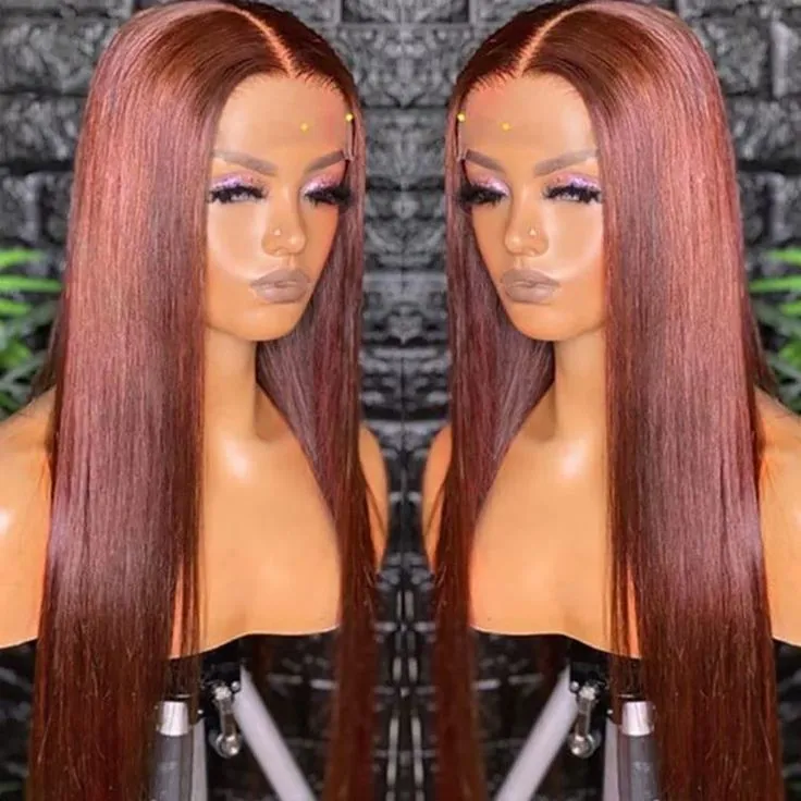 Red brown 33 colour human hair wig with transparent lace, long straight style with side bangs, 16-30 inch lengths