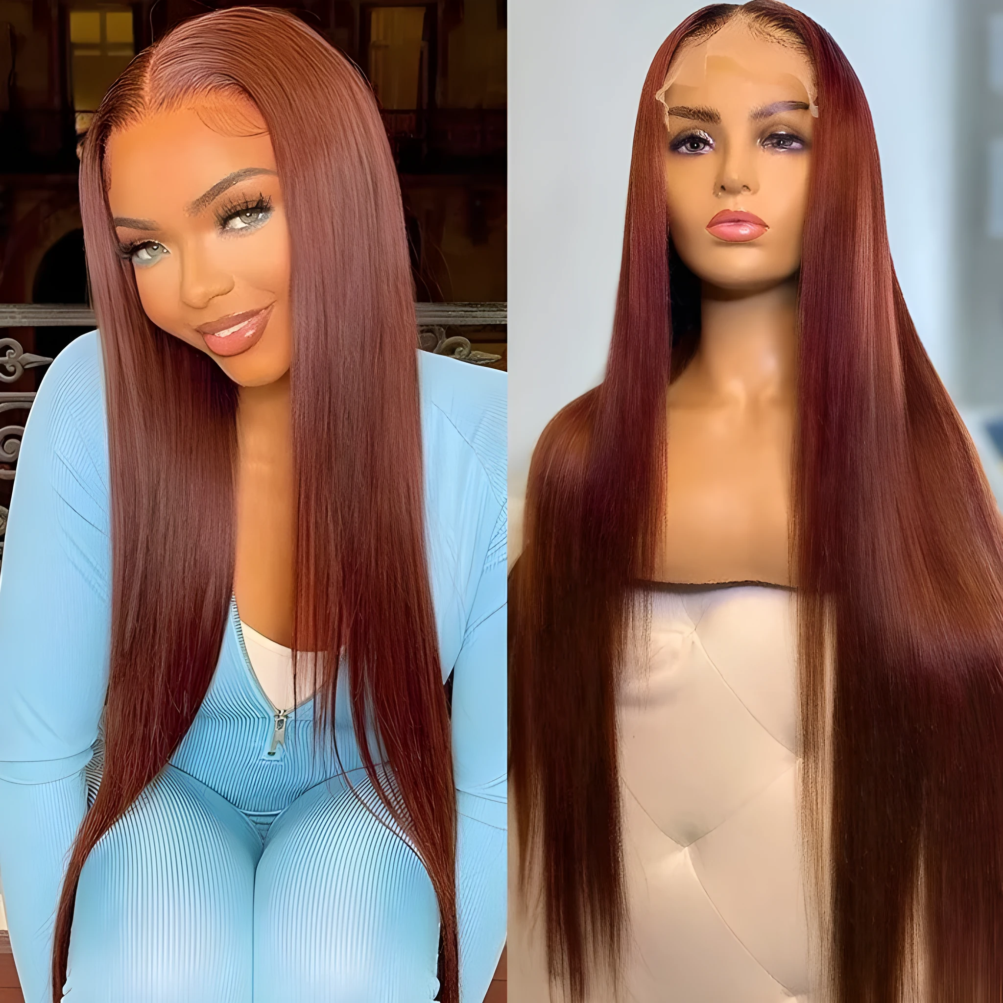 Red brown 33 colour human hair wig with transparent lace, long straight style with side bangs, 16-30 inch lengths