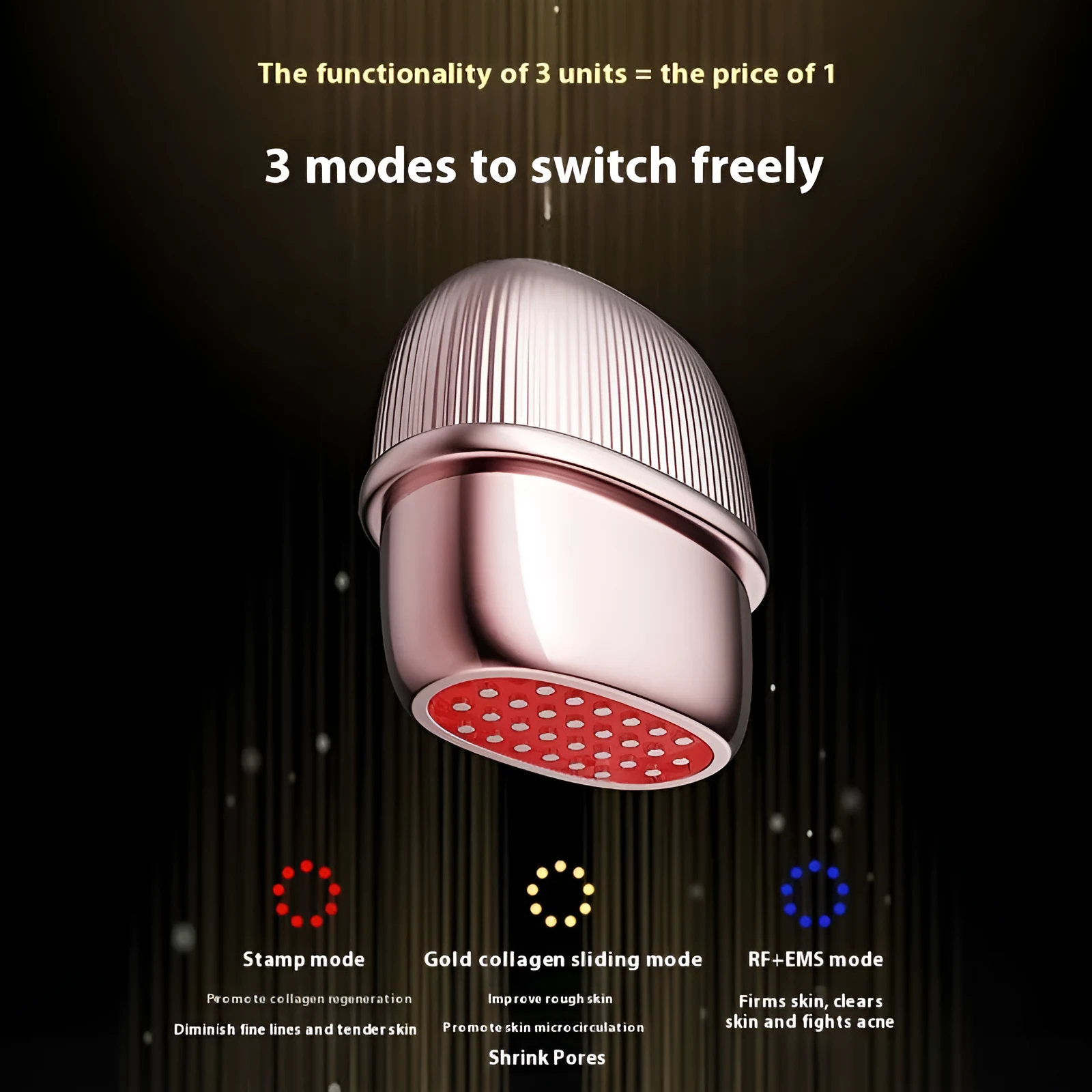 Skin rejuvenation lifting facial firming device in black with Type-C charging port and IPX6 waterproof body