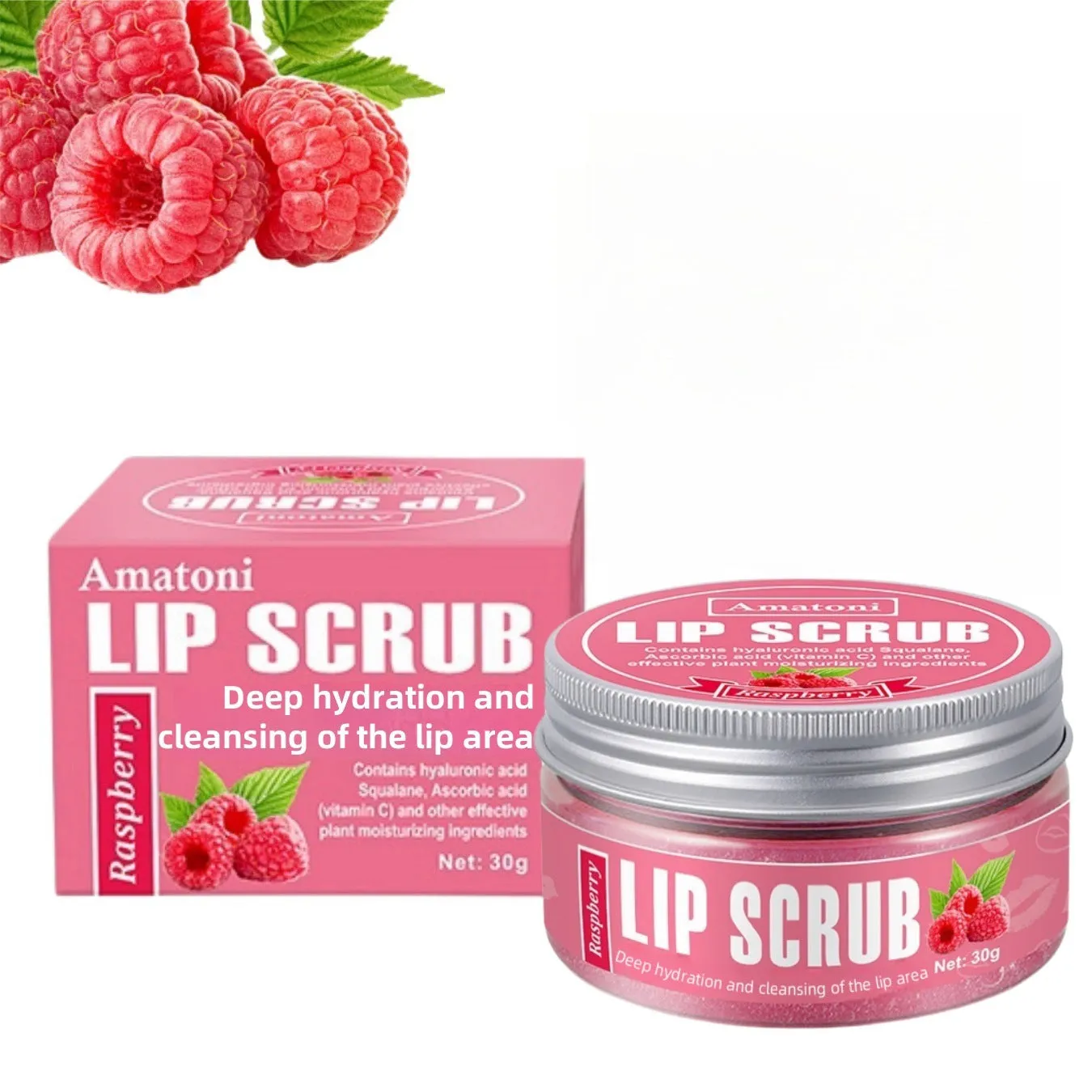30g jar of fruit flavour lip scrub cream with coconut, raspberry, vanilla, watermelon options