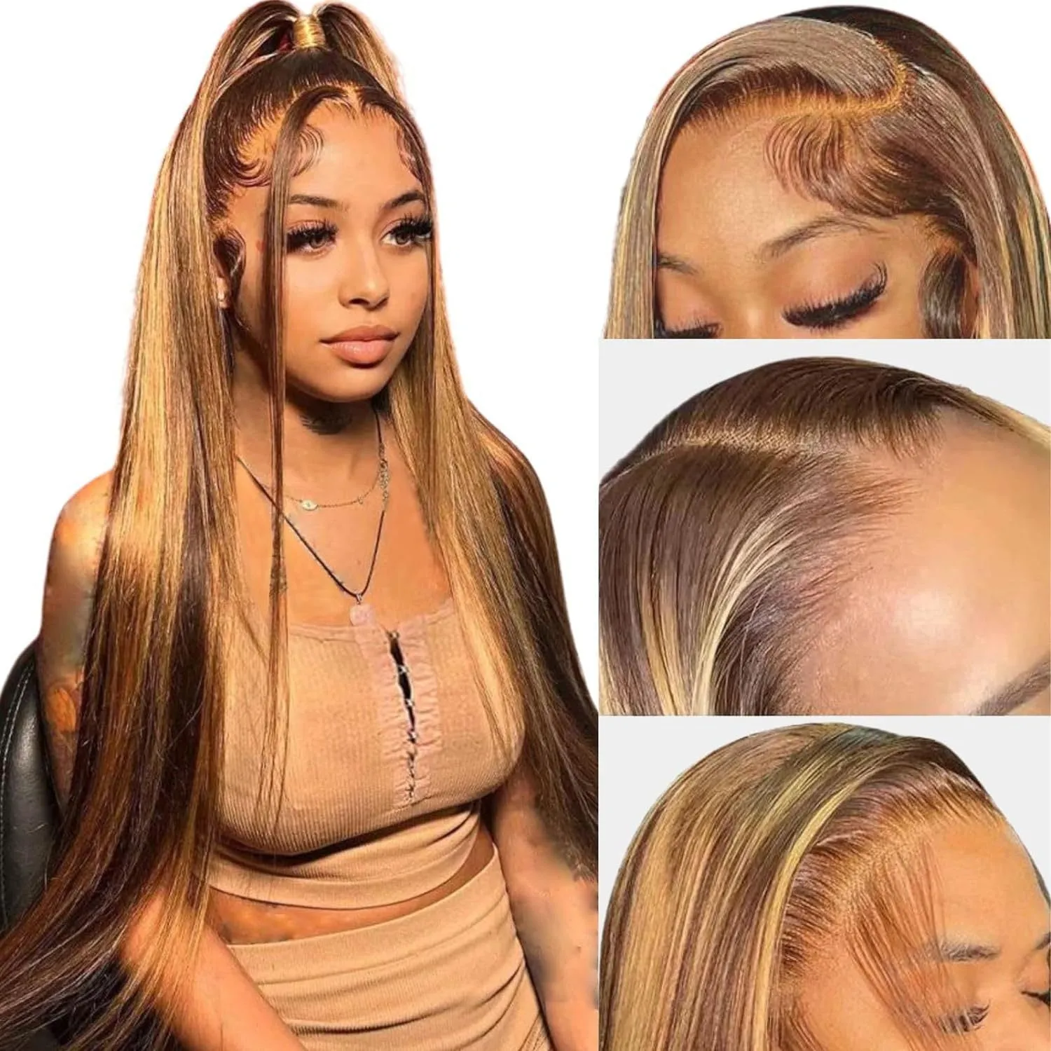 Long straight real human hair front lace wig colour P427 for ladies 13x4 weave