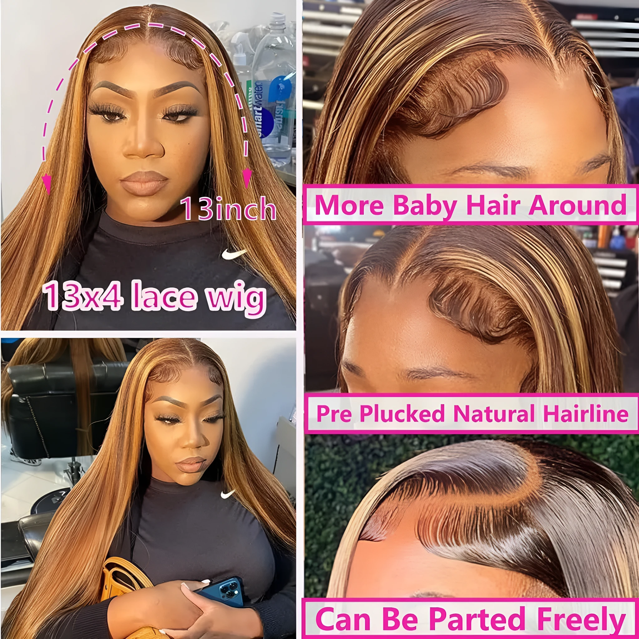 Long straight real human hair front lace wig colour P427 for ladies 13x4 weave