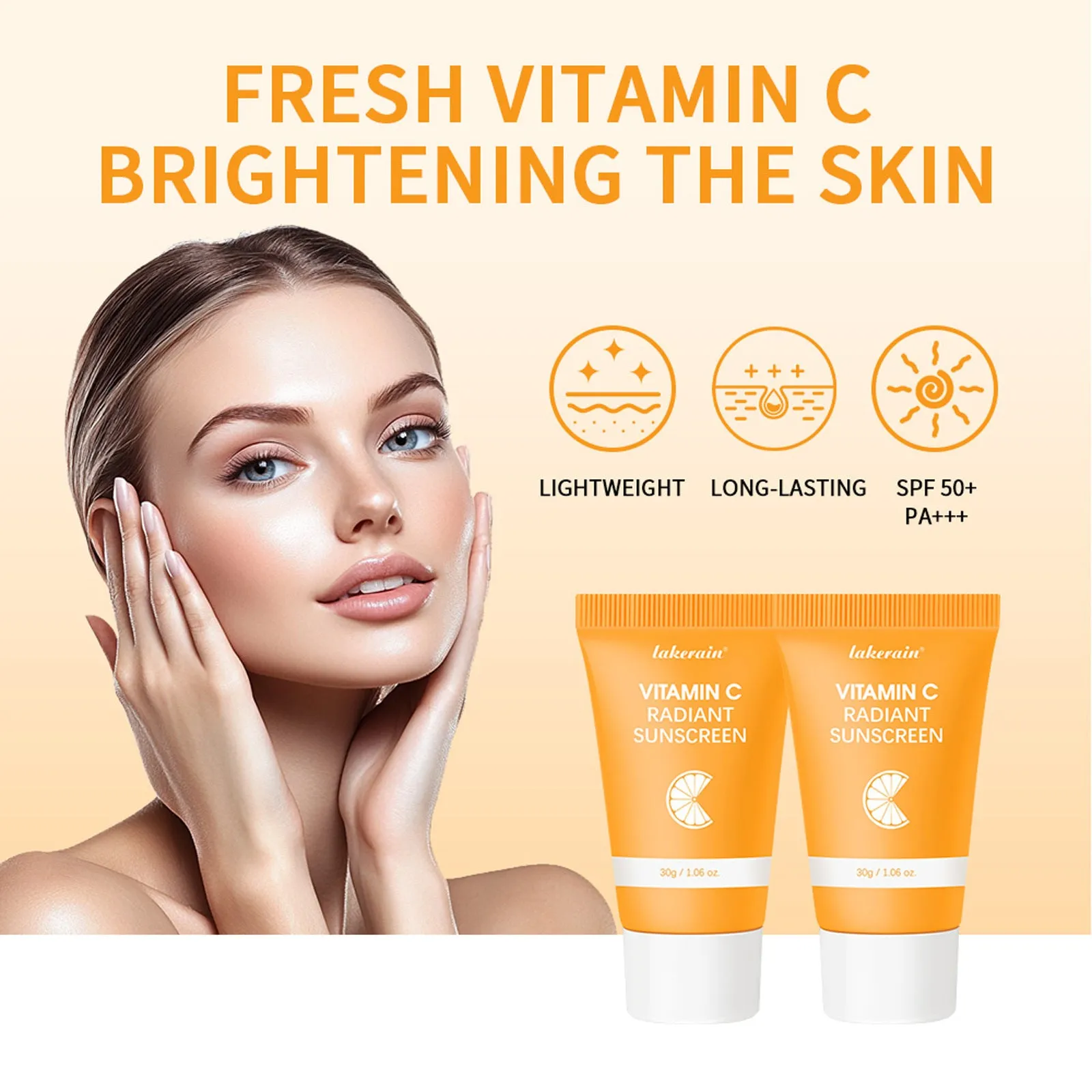 Lakerain Vitamin C Anti-shai Moisturising Sunscreen Cream in a 30g tube with white and orange packaging