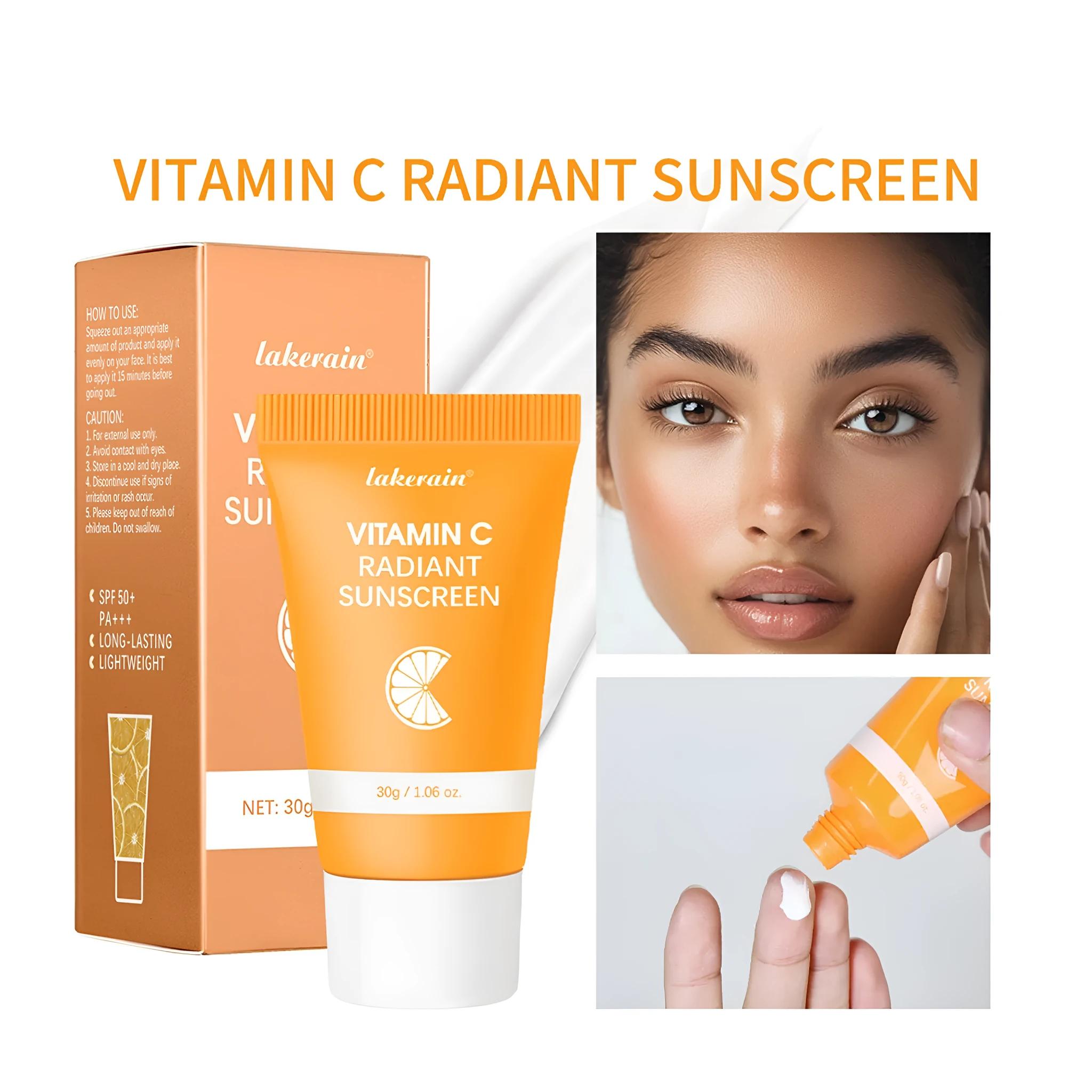Lakerain Vitamin C Anti-shai Moisturising Sunscreen Cream in a 30g tube with white and orange packaging