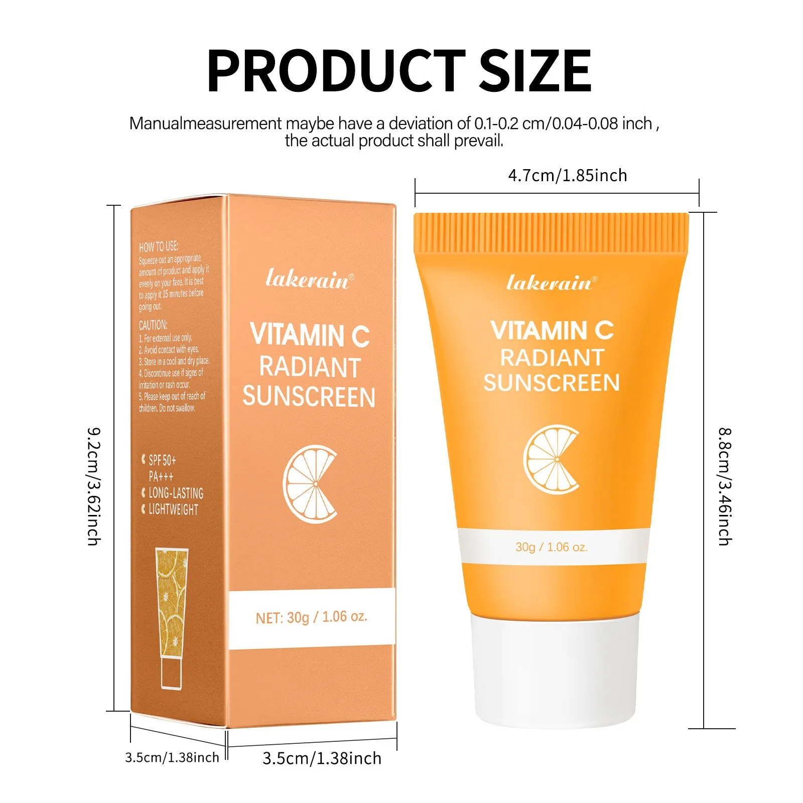 Lakerain Vitamin C Anti-shai Moisturising Sunscreen Cream in a 30g tube with white and orange packaging