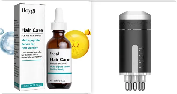 Multi-peptide serum for hair density in a 60ml bottle with black cap, shown against a light background.