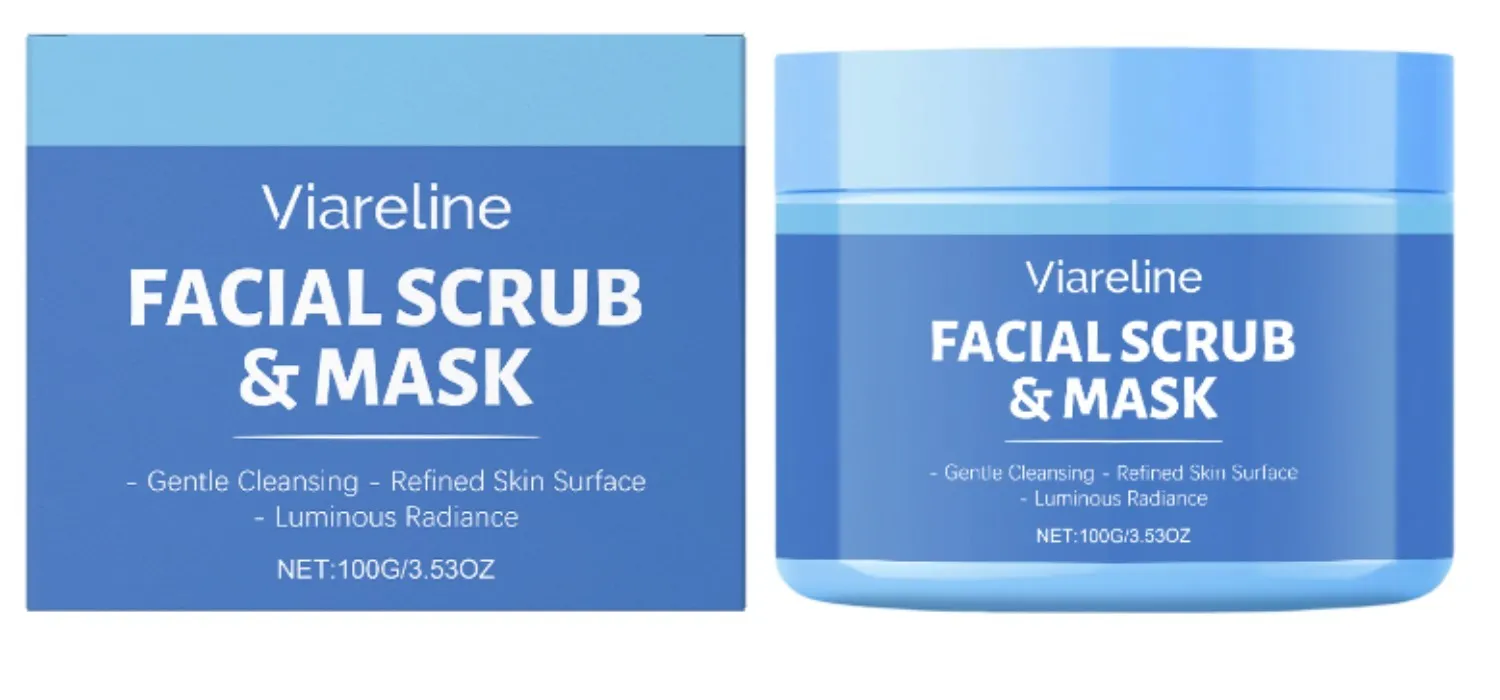 100g tube of facial scrub with walnut shell powder and citrus extracts on white background