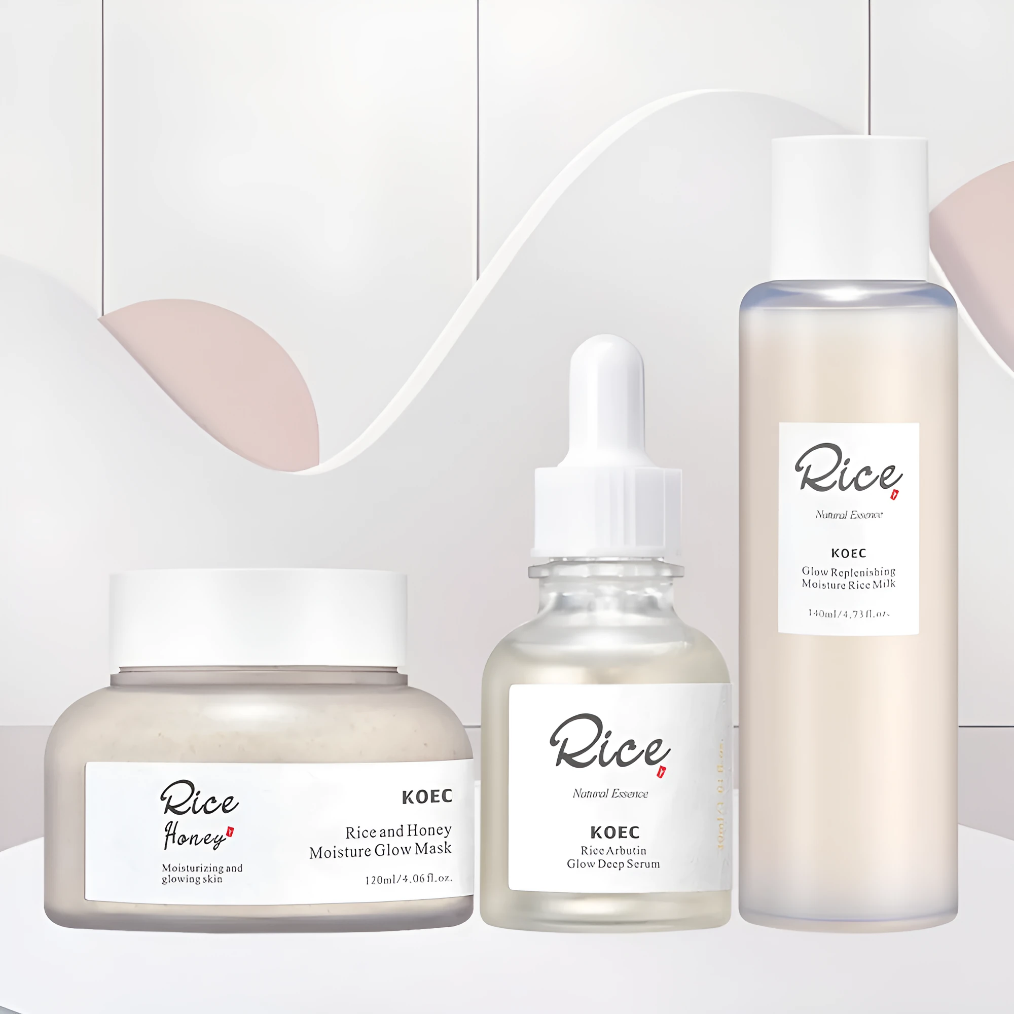 KOEC rice honey skin care three-piece set with facial mask essence and lotion in packaging