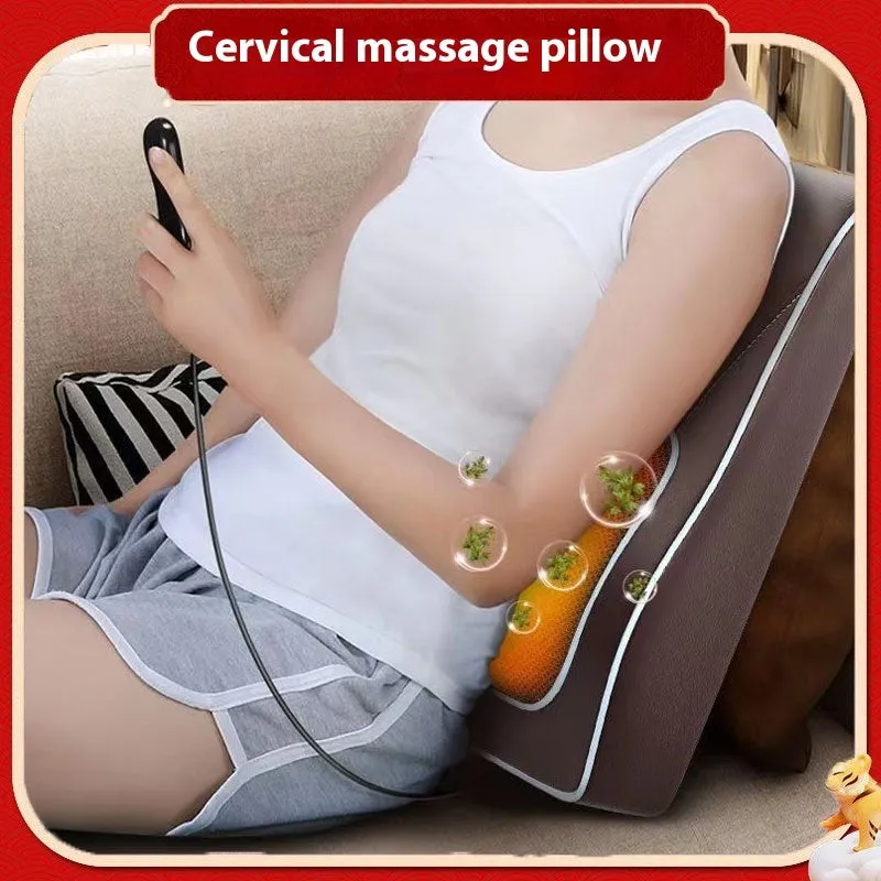 Heating electric magnetic therapy vibration massage pillow Deluxe Silver Grey edition with remote control on a chair
