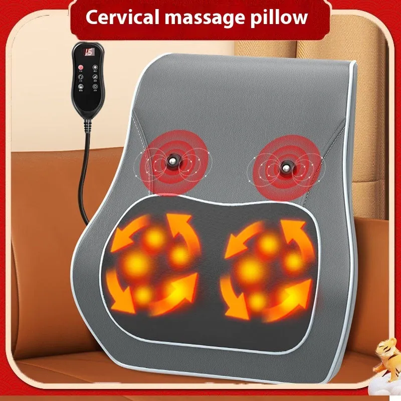 Heating electric magnetic therapy vibration massage pillow Deluxe Silver Grey edition with remote control on a chair