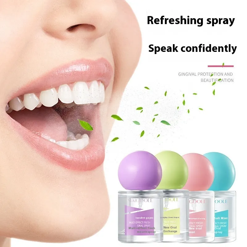 Multi-effect oral spray 15ml portable plastic bottle in four flavours sea salt mint peach oolong longjing green succulent grape