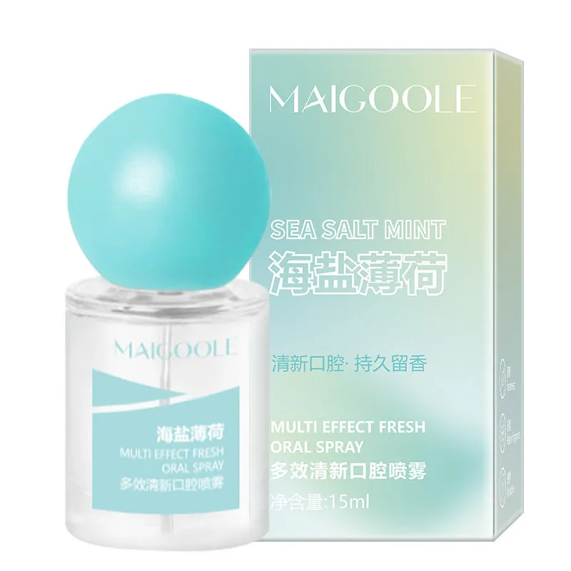 Multi-effect oral spray 15ml portable plastic bottle in four flavours sea salt mint peach oolong longjing green succulent grape