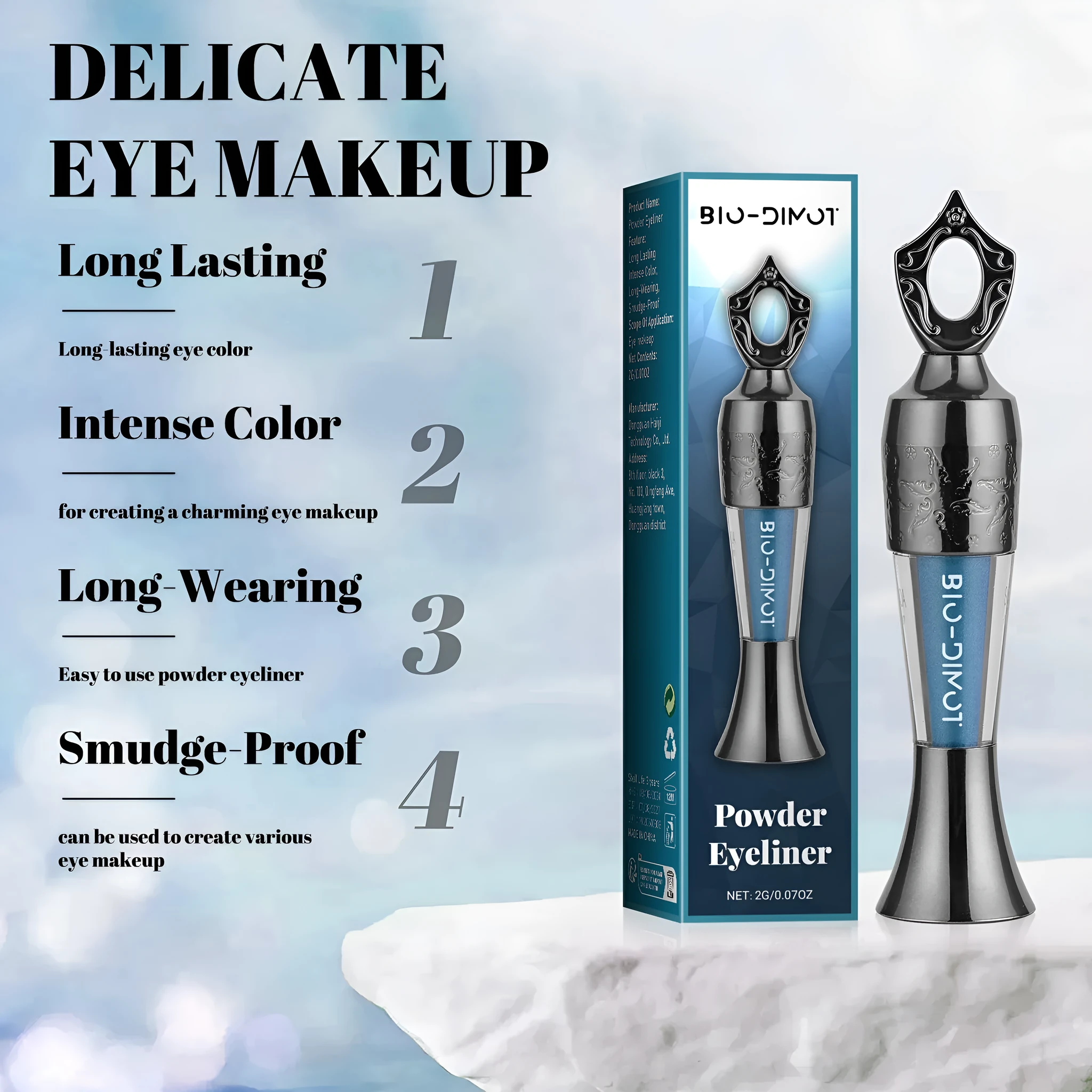 Smooth liquid eyeliner 2g in black, blue, brown, and green shades with precision tip