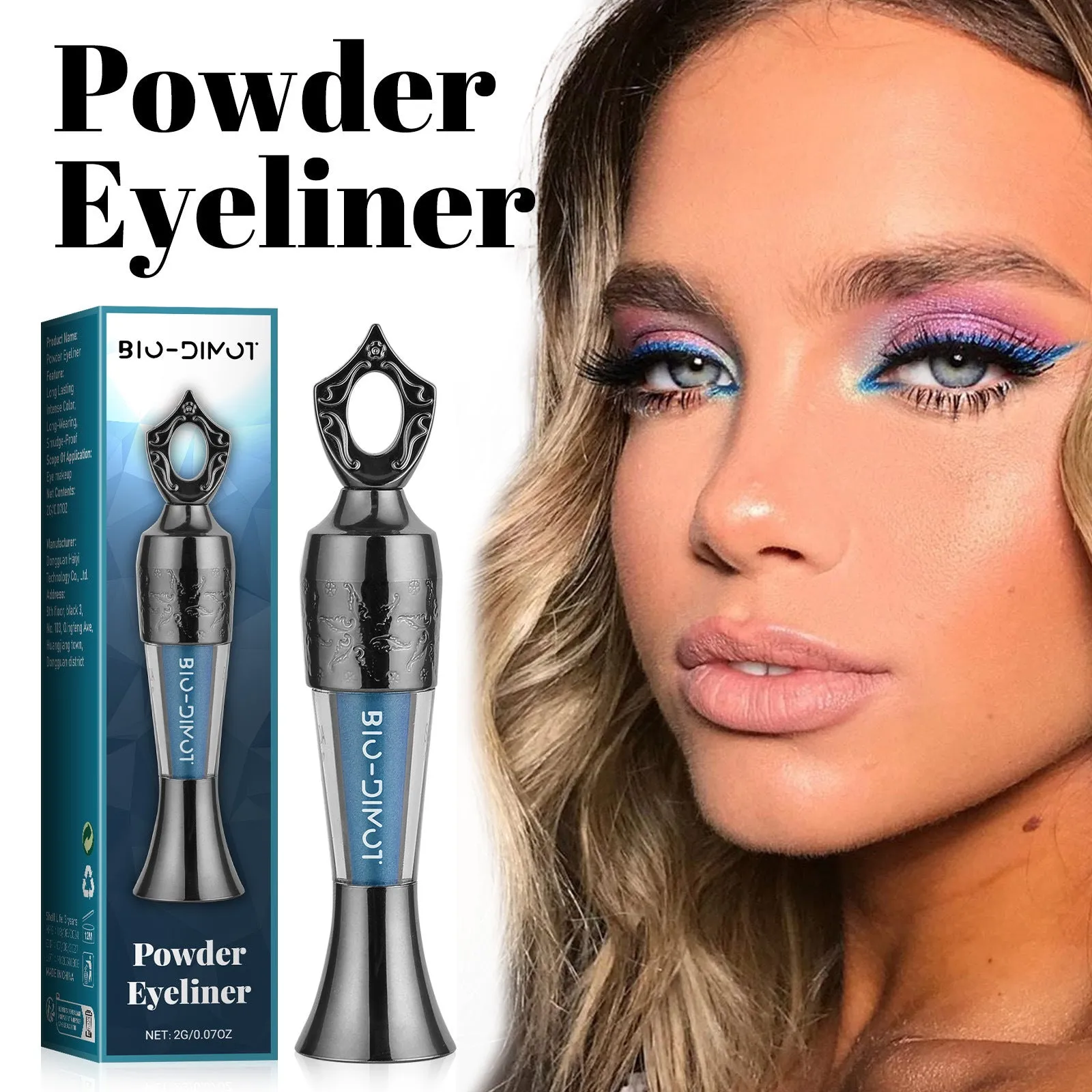 Smooth liquid eyeliner 2g in black, blue, brown, and green shades with precision tip