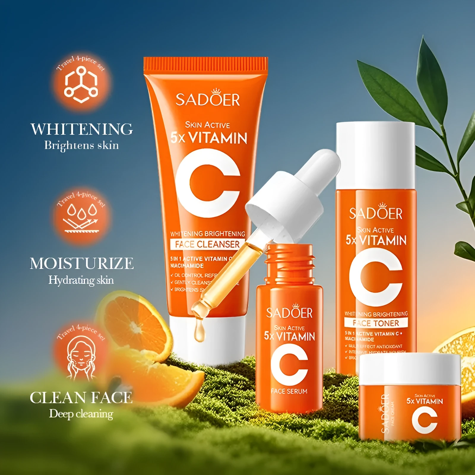 Five Vitamin C Whitening Moisturizing Travel Bag cleansing facial set in travel pack packaging