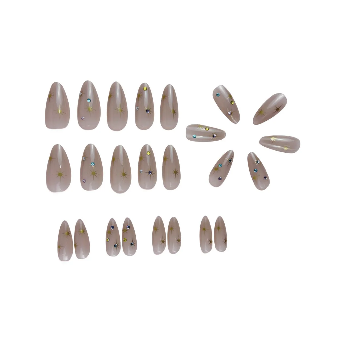 Women's press-on fingernails set 24 pieces starry sky pattern drop shape BW92 with jelly glue