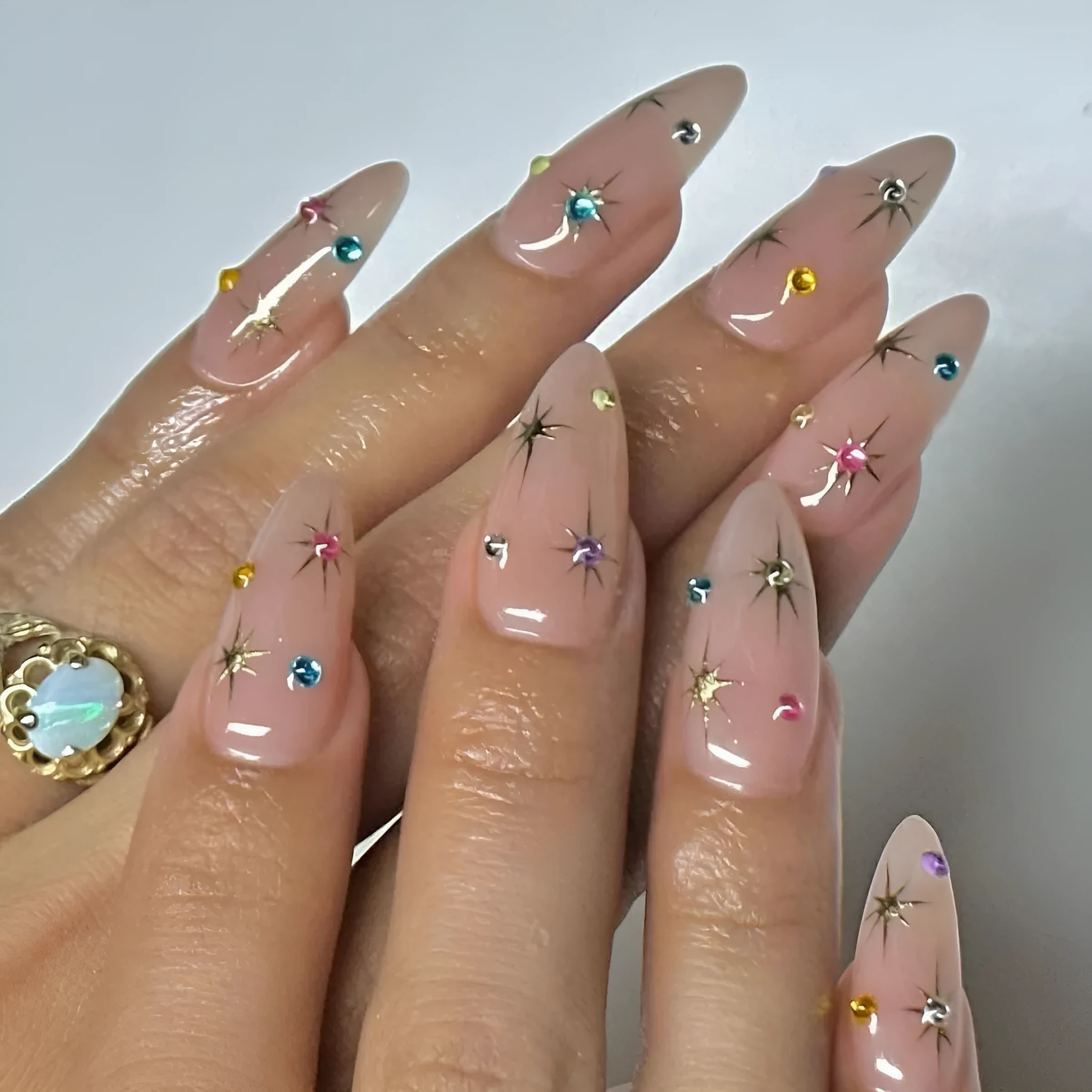 Women's press-on fingernails set 24 pieces starry sky pattern drop shape BW92 with jelly glue