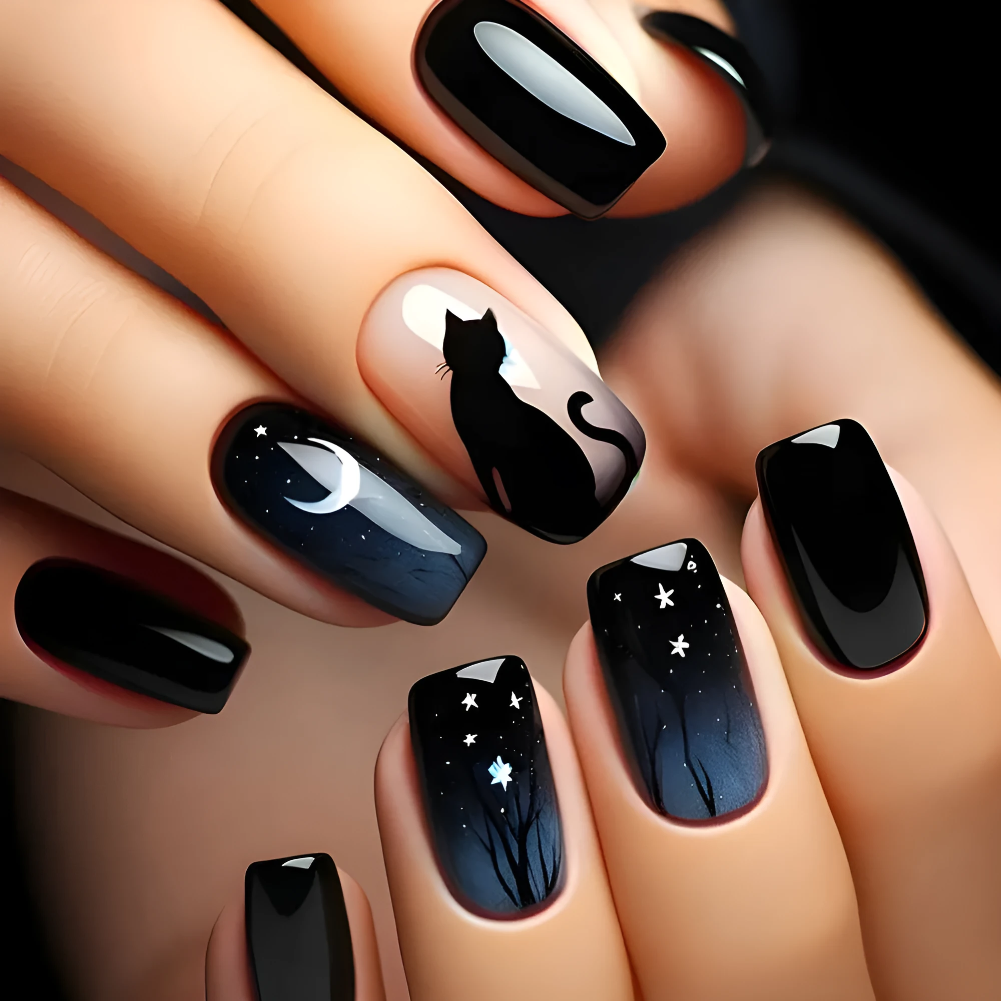 Cat Moon fake nails removable armour medium European square CW405 with black jelly glue