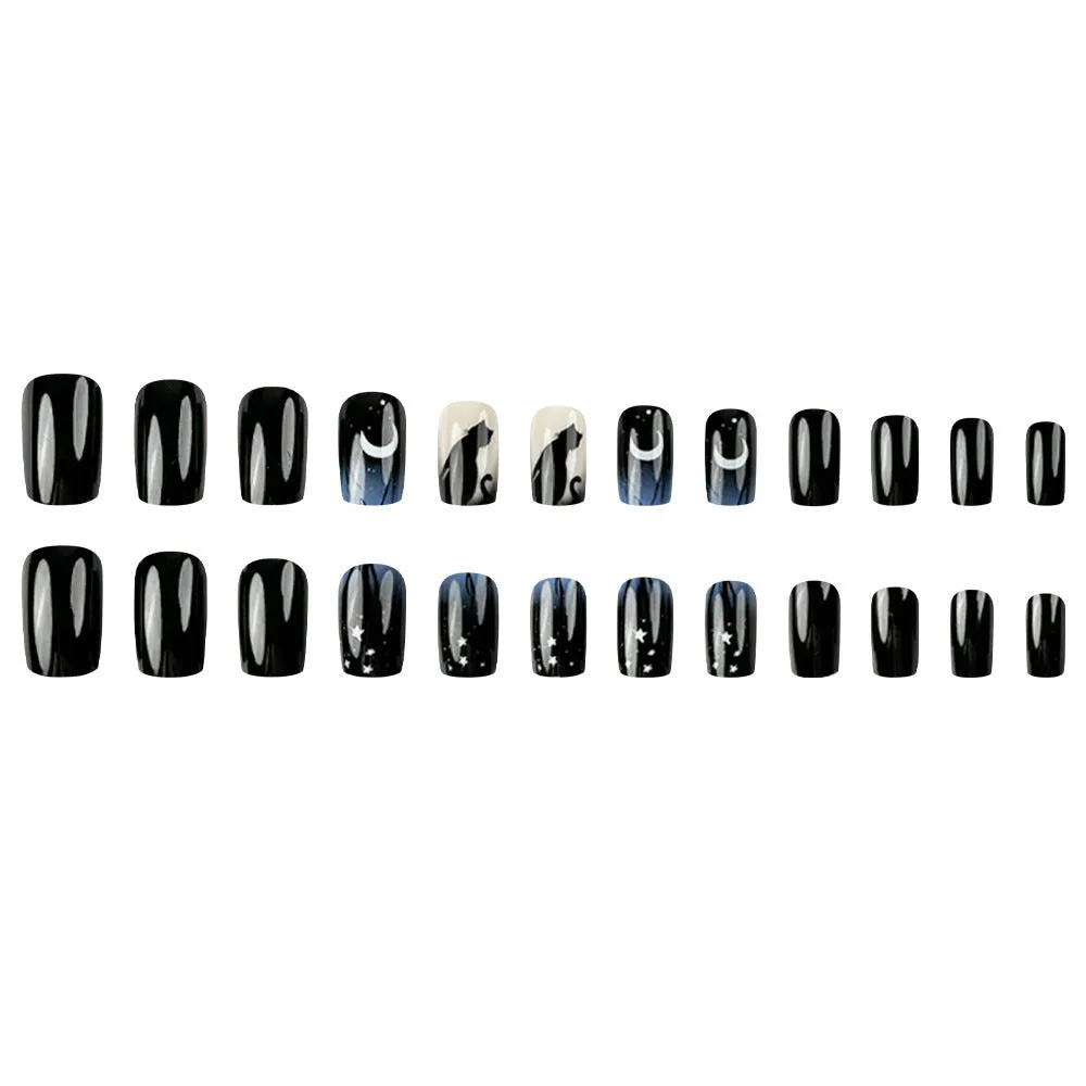 Cat Moon fake nails removable armour medium European square CW405 with black jelly glue
