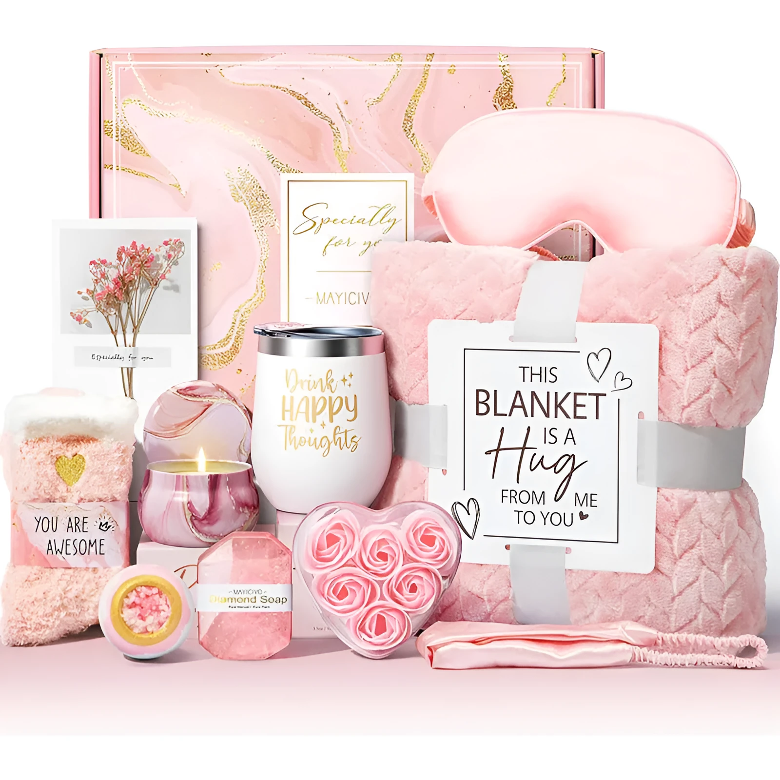 Aromatherapy gift set with candle, soap and bath products in modern plastic packaging