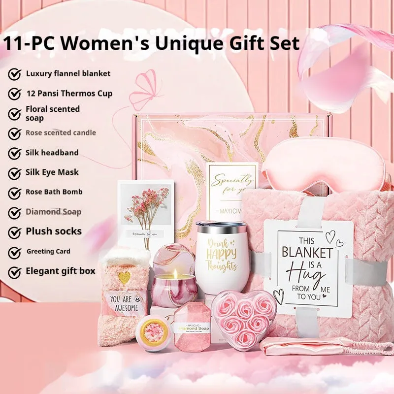 Aromatherapy gift set with candle, soap and bath products in modern plastic packaging