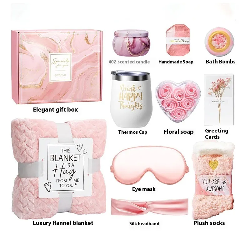 Aromatherapy gift set with candle, soap and bath products in modern plastic packaging