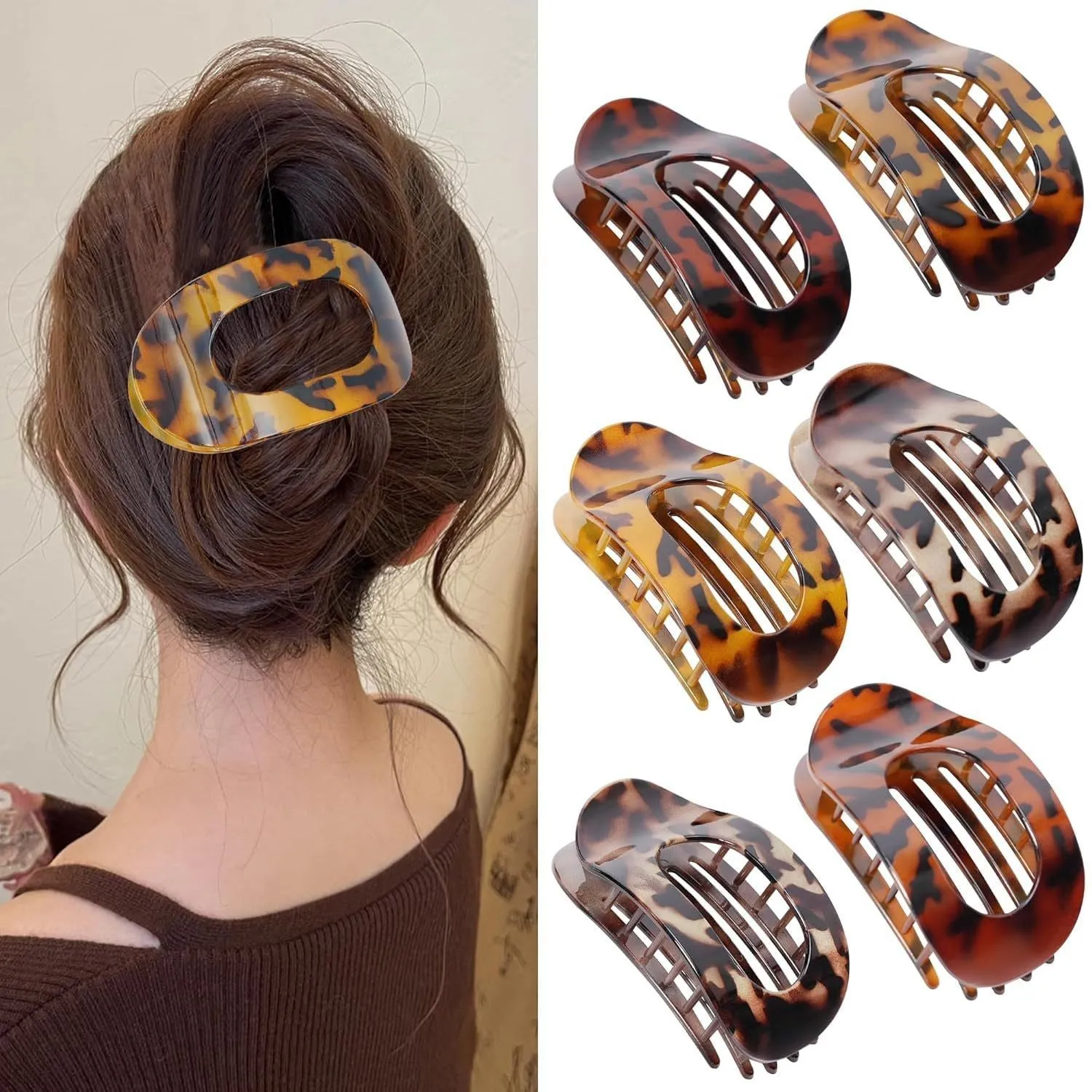 Six plastic hair clips with frosted grip texture and quadrilateral design in individual OPP bags