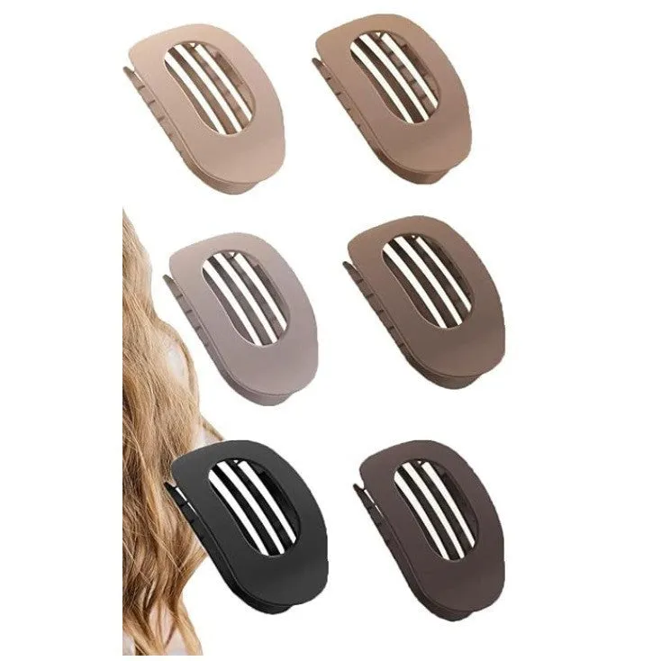 Six plastic hair clips with frosted grip texture and quadrilateral design in individual OPP bags