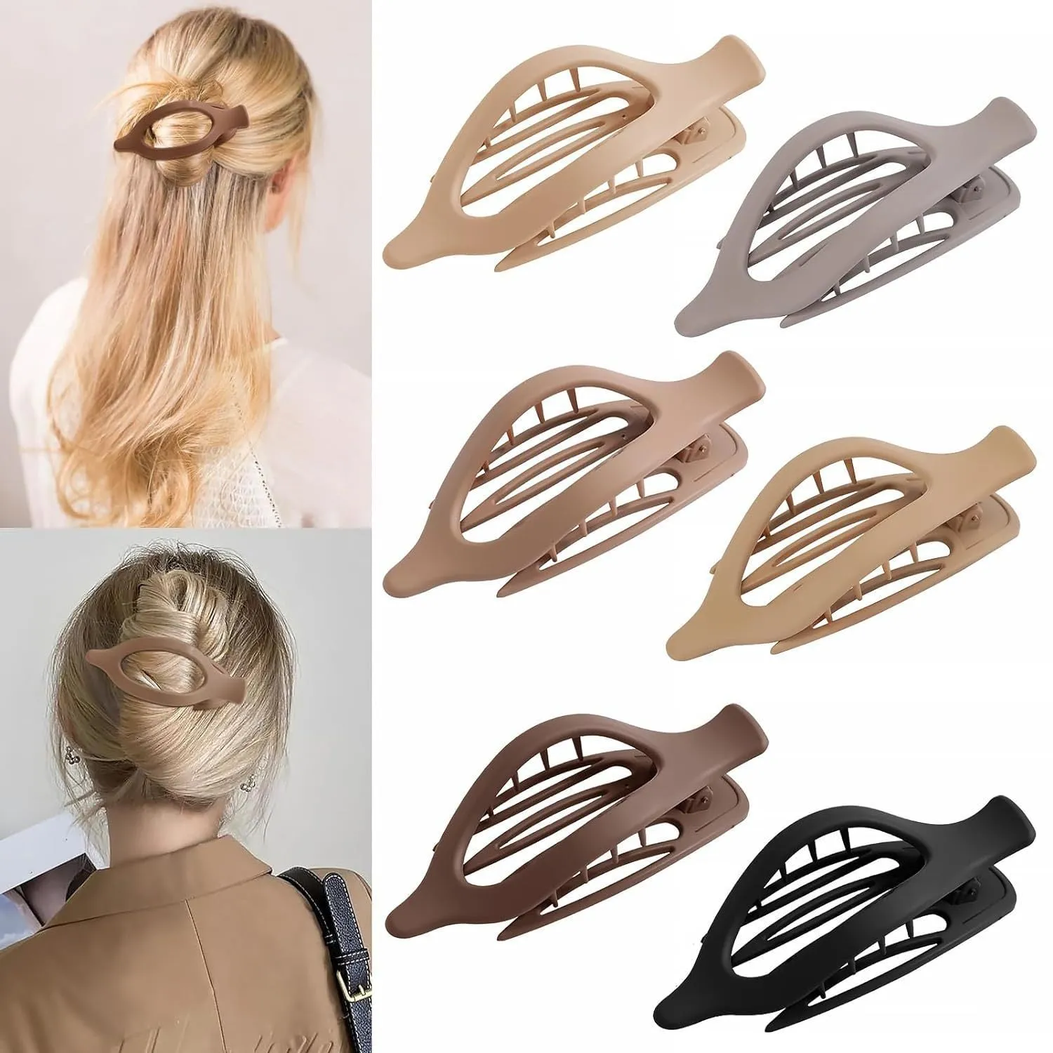 Six plastic hair clips with frosted grip texture and quadrilateral design in individual OPP bags