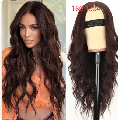Lace big wave wig for women, dark brown, high temperature silk, 18 inch length, 13x4 lace front