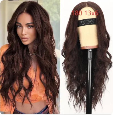 Lace big wave wig for women, dark brown, high temperature silk, 18 inch length, 13x4 lace front