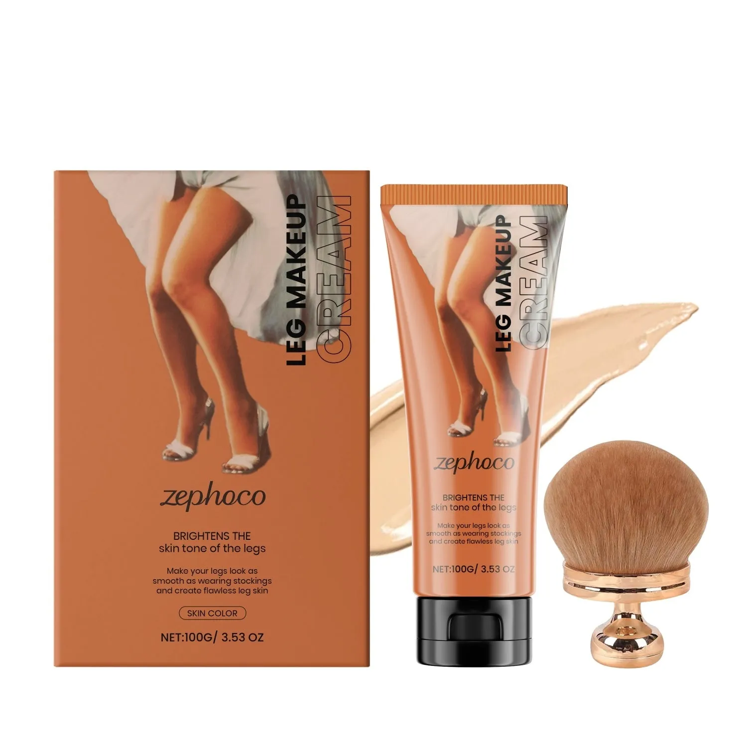 Zephoco leg concealer foundation cream in 100g bottle with brush and three colour swatches: bronze, skin, medium skin