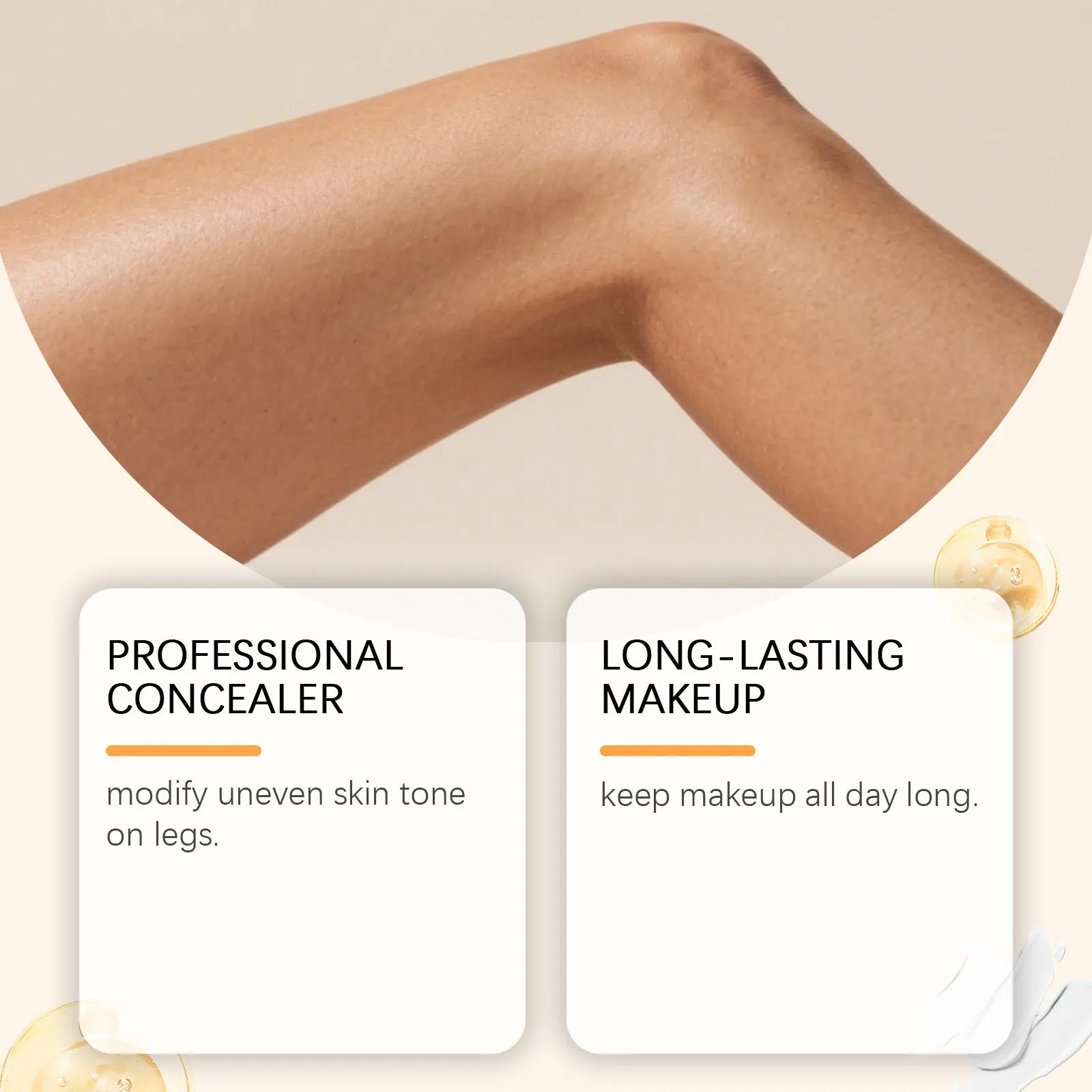 Zephoco leg concealer foundation cream in 100g bottle with brush and three colour swatches: bronze, skin, medium skin