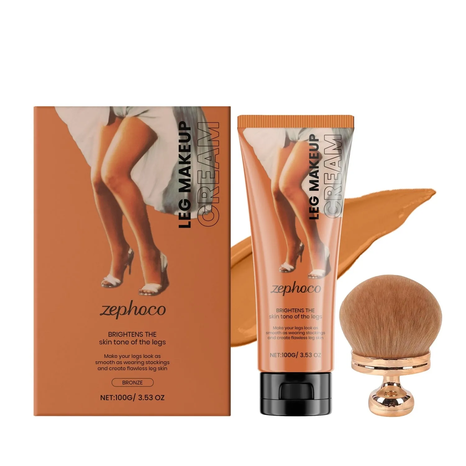 Zephoco leg concealer foundation cream in 100g bottle with brush and three colour swatches: bronze, skin, medium skin