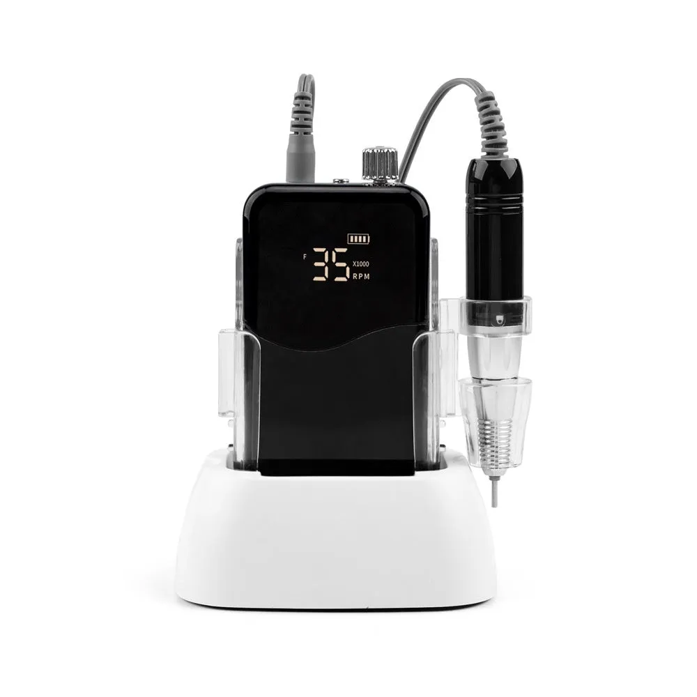 Ail Beauty electric nail grinder with power storage in white plastic body, side view