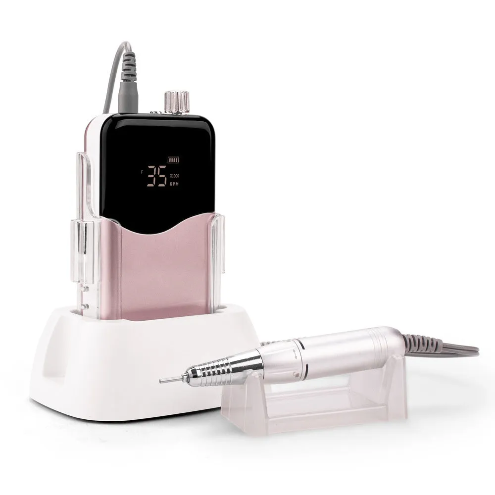 Ail Beauty electric nail grinder with power storage in white plastic body, side view