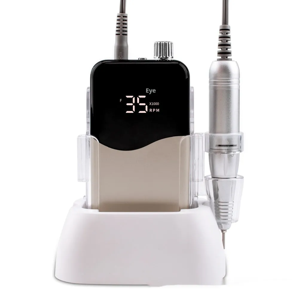 Ail Beauty electric nail grinder with power storage in white plastic body, side view