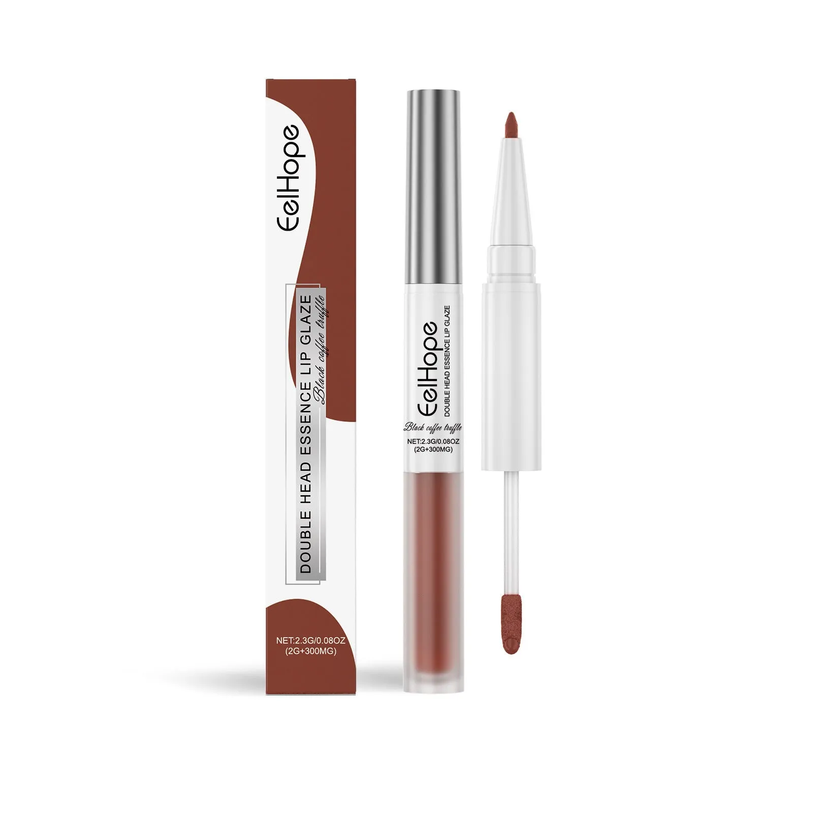Double-headed lip liner and lip lacquer pen showing two applicators with shade options Black Coffee Truffle, Fragrant Attack, Oat Almond.