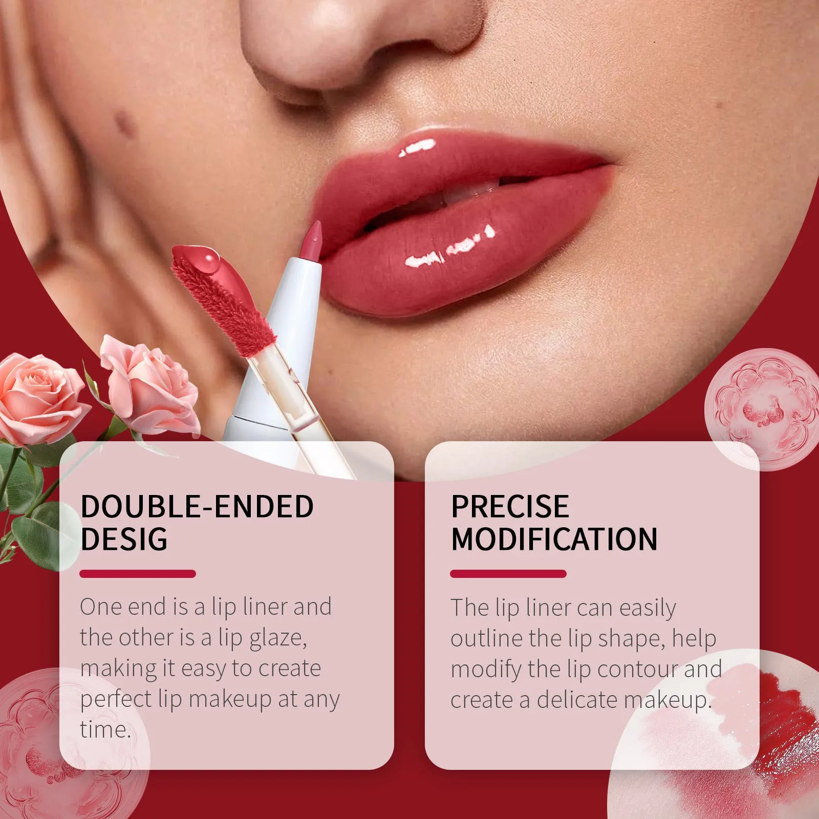Double-headed lip liner and lip lacquer pen showing two applicators with shade options Black Coffee Truffle, Fragrant Attack, Oat Almond.