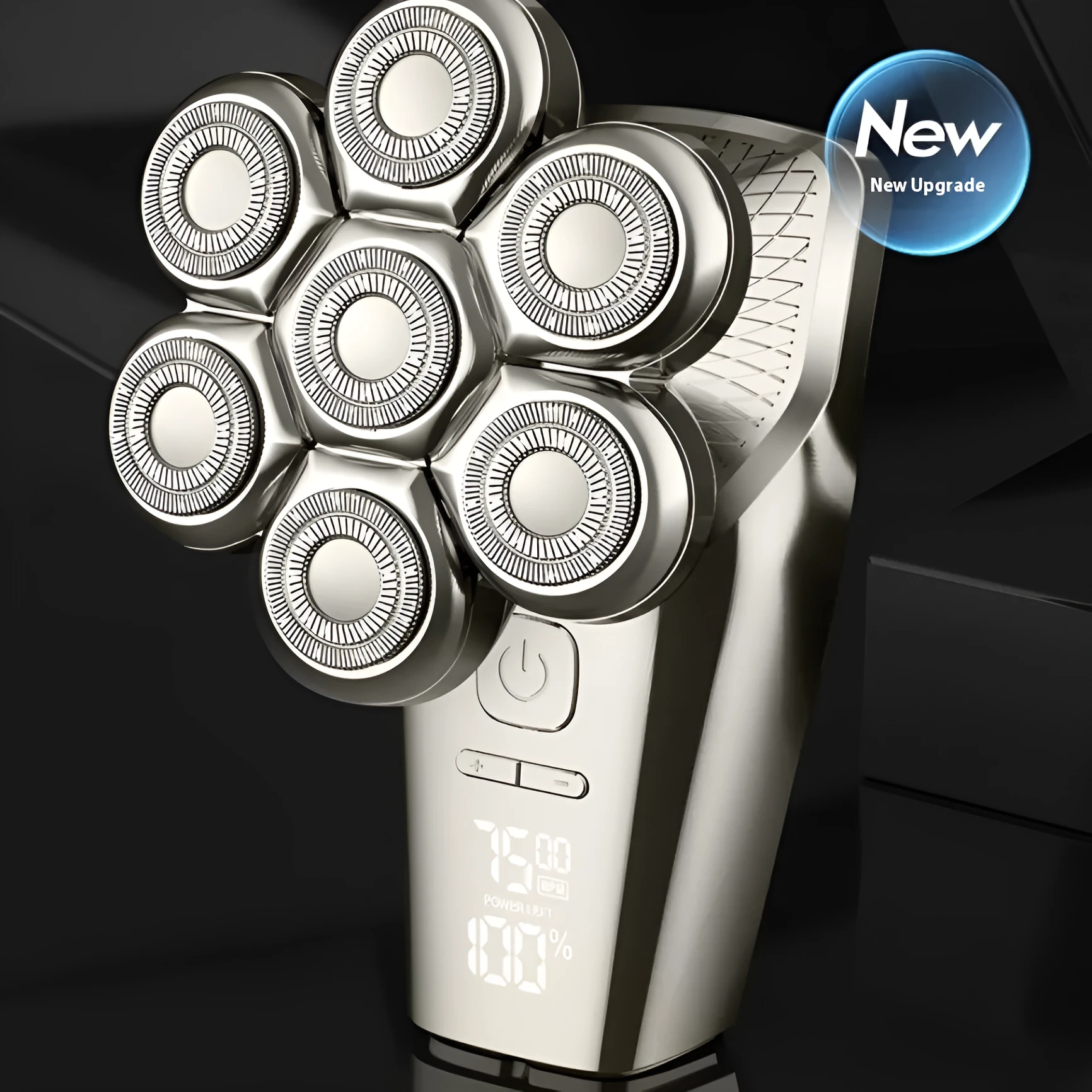 Men's multifunctional magnetic knife head electric shaver with floating cutter and LED display on black background
