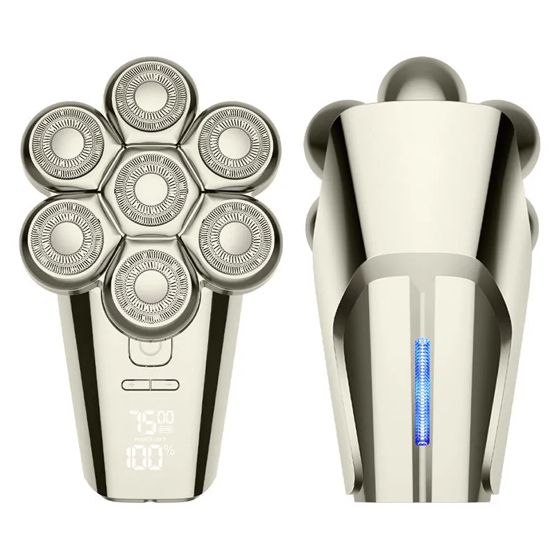 Men's multifunctional magnetic knife head electric shaver with floating cutter and LED display on black background