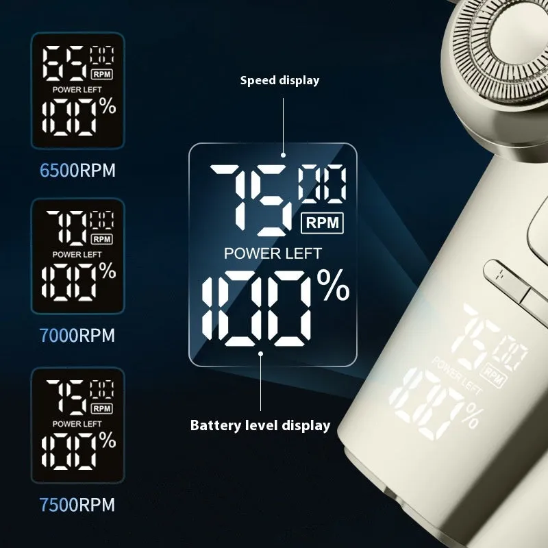 Men's multifunctional magnetic knife head electric shaver with floating cutter and LED display on black background