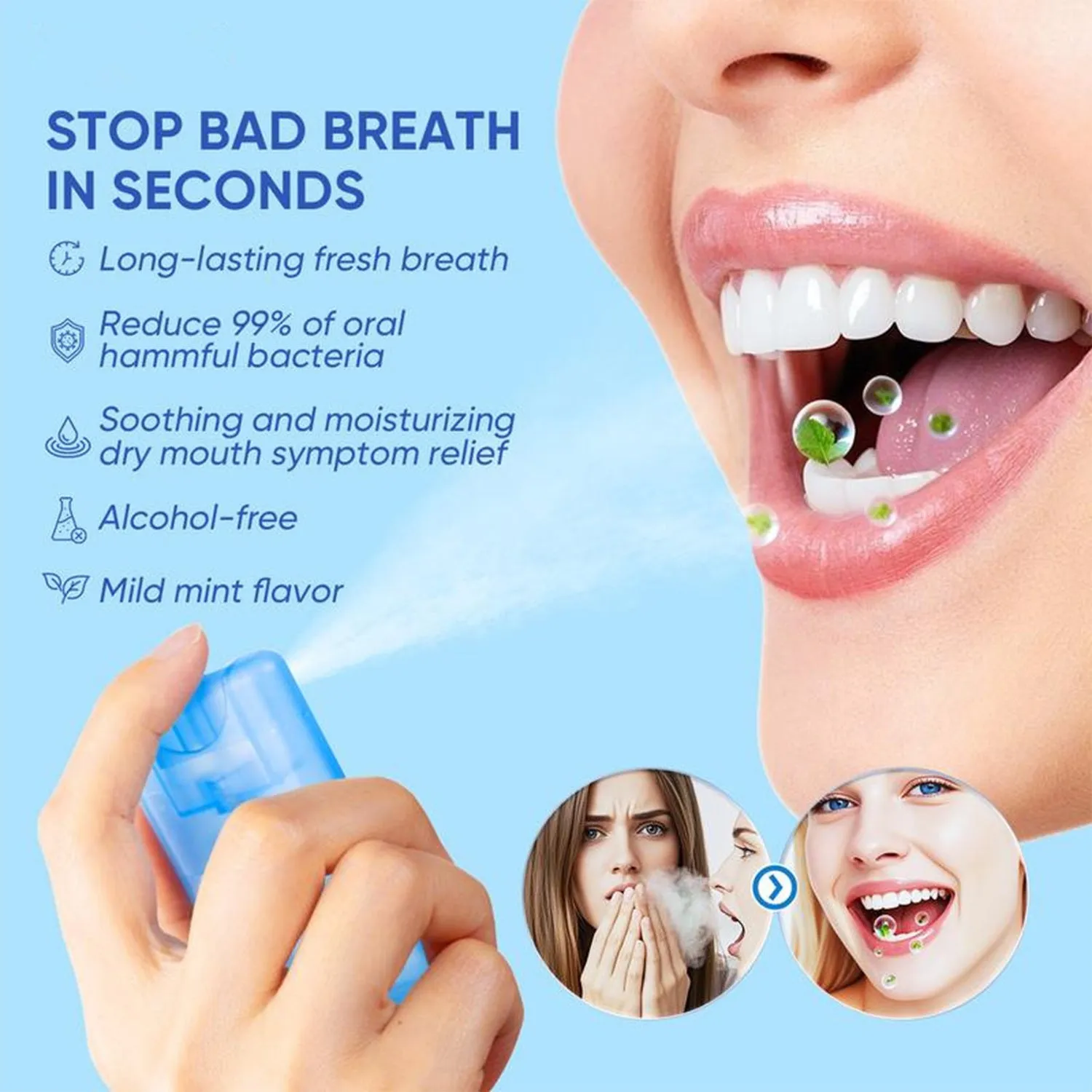 Portable oral spray breath freshener in compact bottle for dating and party use