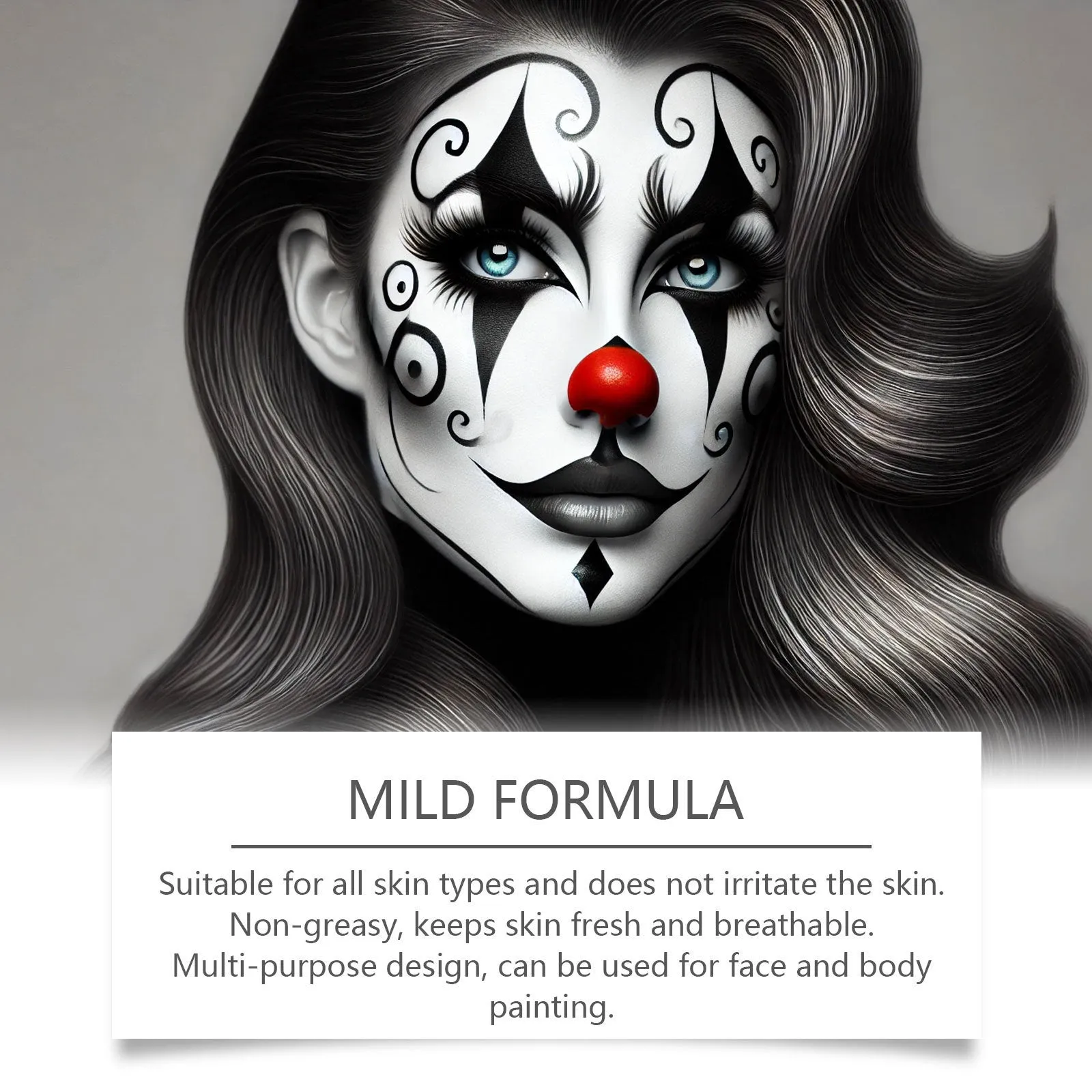 Halloween face painting kit with three colour concealer disc, two brushes, and one sponge on a flat surface